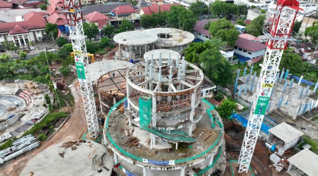 Tugu Pal Nol yang sedang dibangun dilihat dari atas. Foto : Dinas PUPR Kalsel